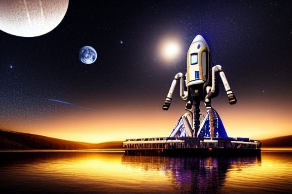 Moonlit Rocket Launch in Cosmic Nebula Sky