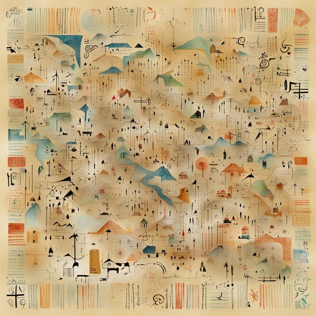 Whimsical Symbolic Map with Asemic Typography