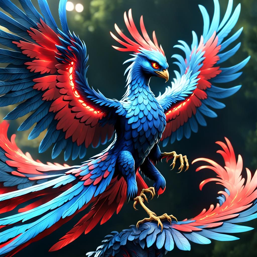 Blue Phoenix with Red Details in Fantasy Art