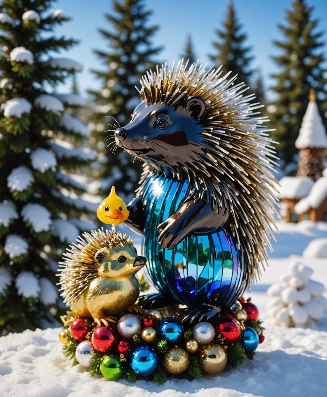 Whimsical Winter Forest with Christmas Porcupine and Ducklin...