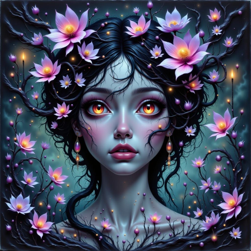 Mystical Woman in Twilight Realm Watercolor Ink