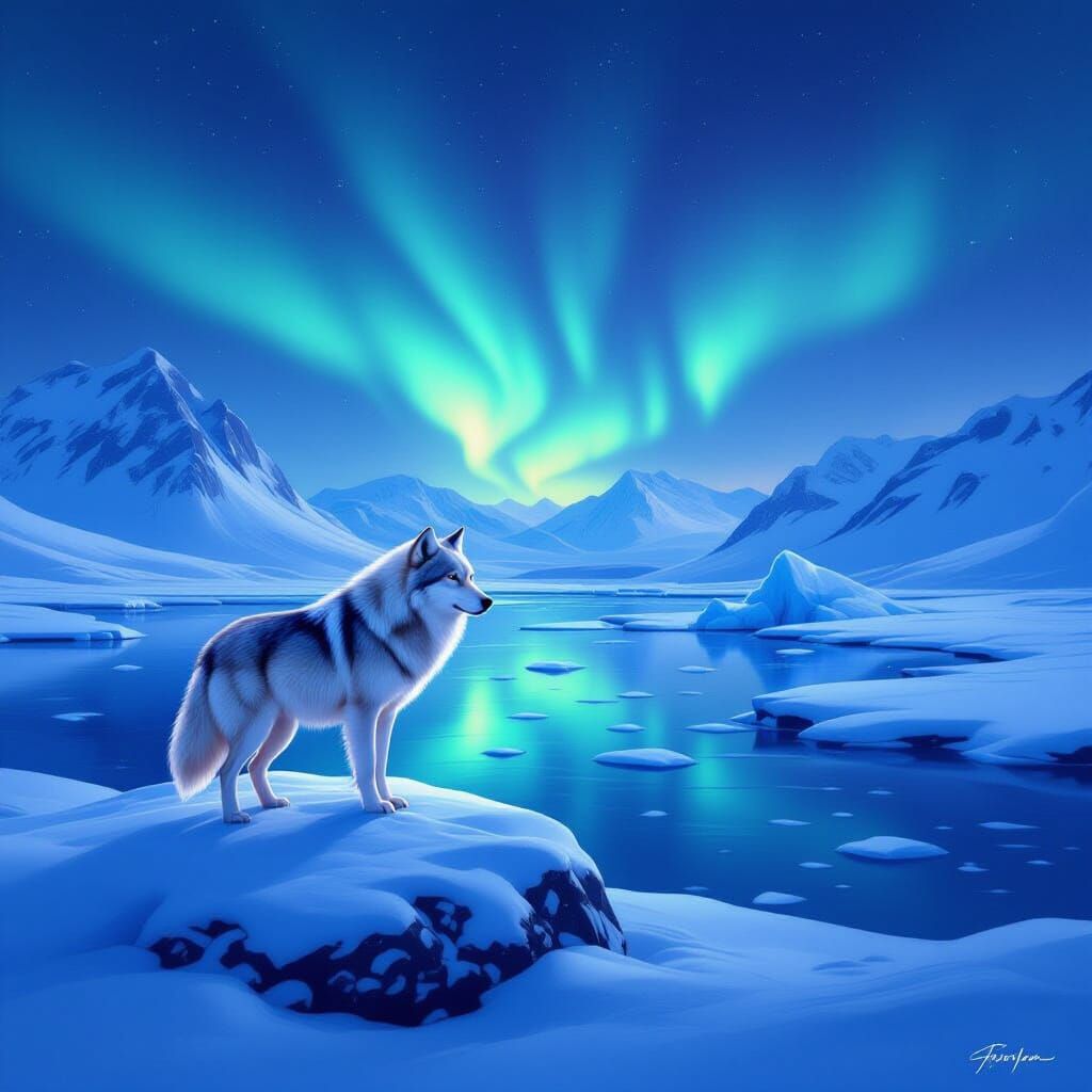 Arctic Wolf in Aurora Borealis Landscape