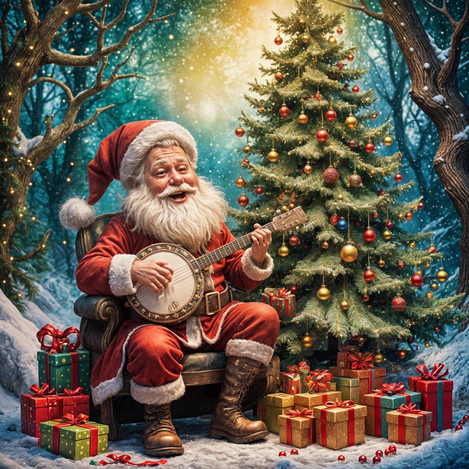 Jolly Santa Claus Plays Banjo by Christmas Tree