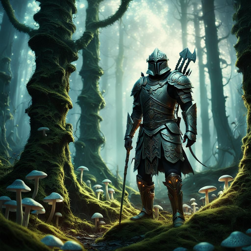 Fantasy Warrior in Mystical Forest, Digital Matte Painting