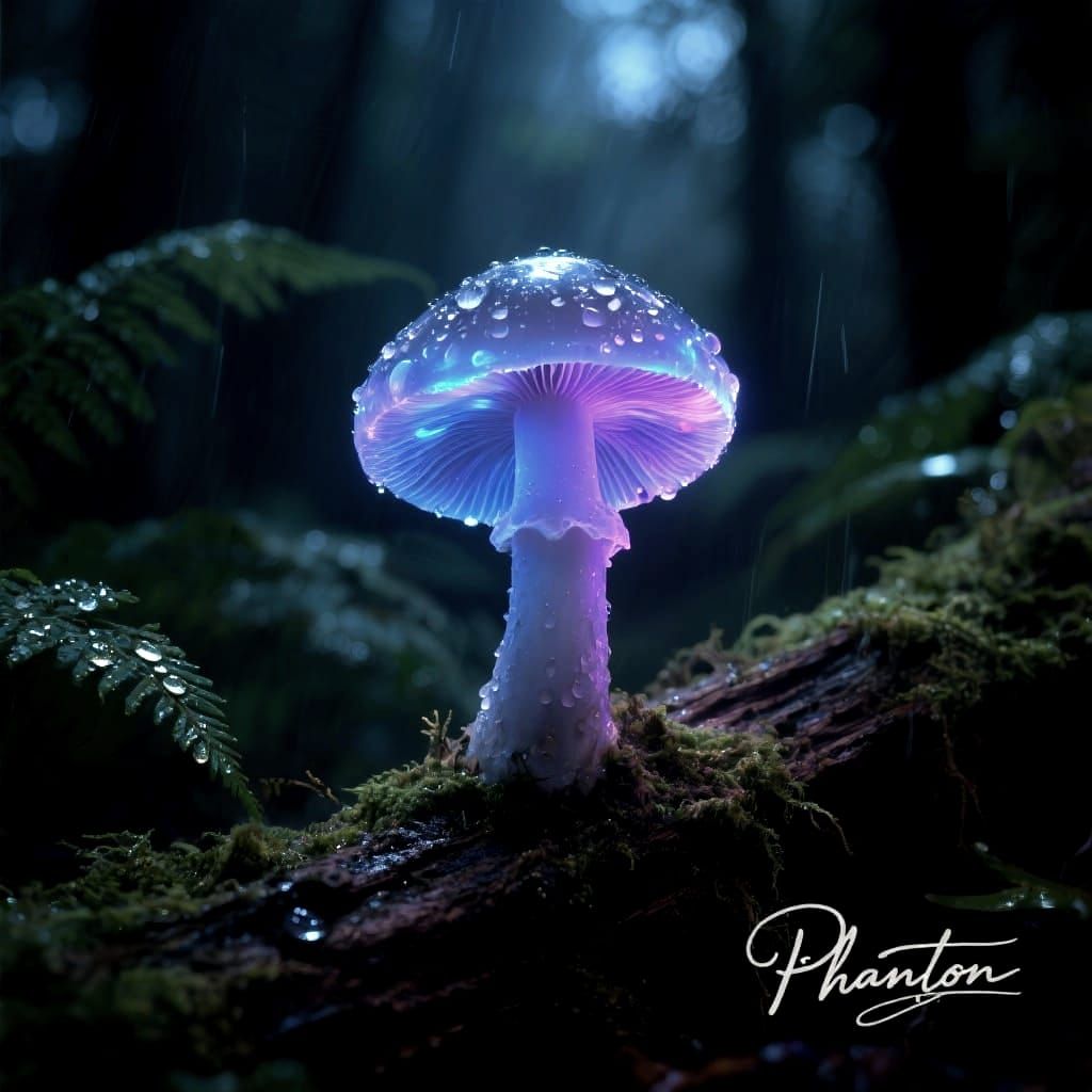 Bioluminescent Mushroom Glows in Dark Rainforest