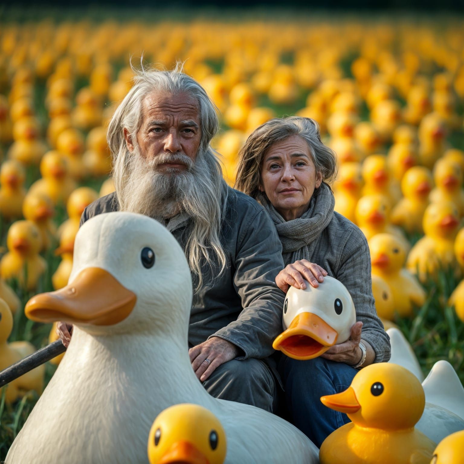 Man and woman sitting on a giant duck in a field of rubber ducks