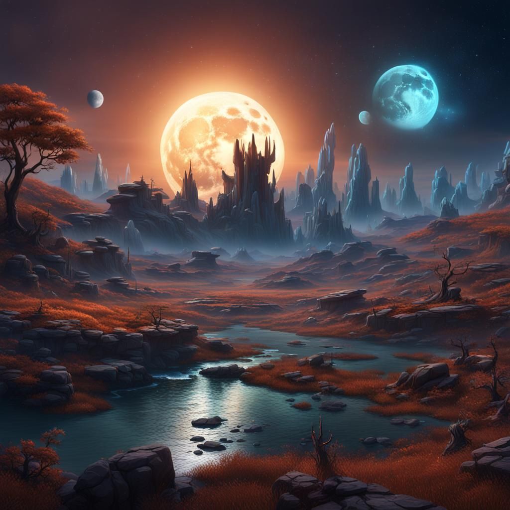 Alien Landscape with Twin Moons: Fantasy Concept Art