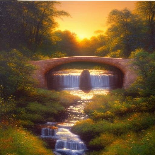 River Forest Waterfall Sunrise in Oil Painting Style