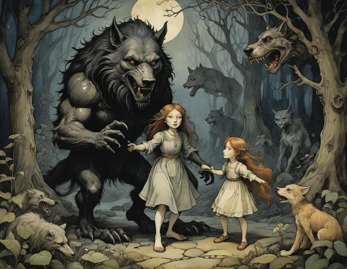 Menacing Werewolf Attack in Dark Fairy Tale Style