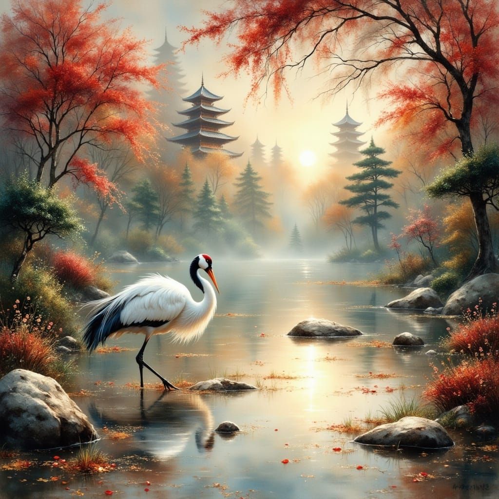 Crane Wades in Temple Lake with Lanterns