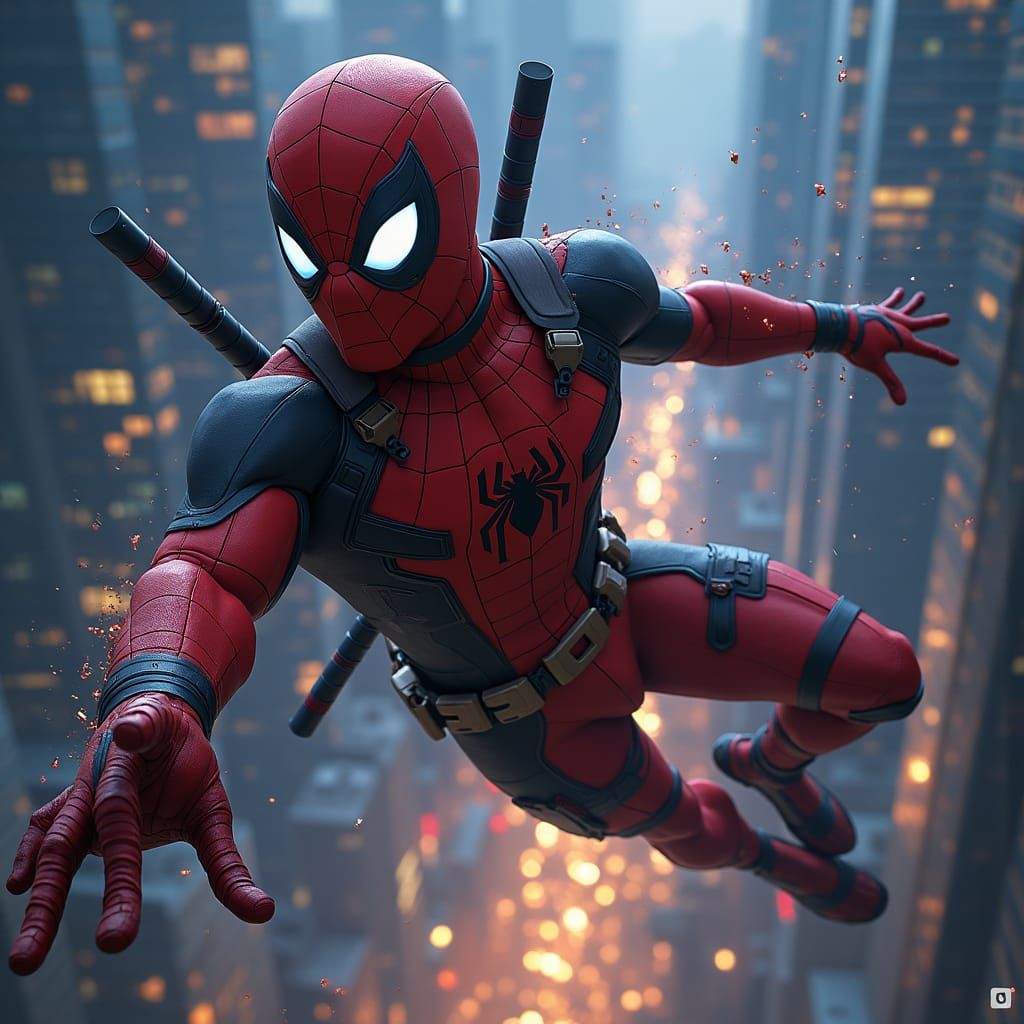 Spider-Man as Deadpool in Futuristic Cityscape