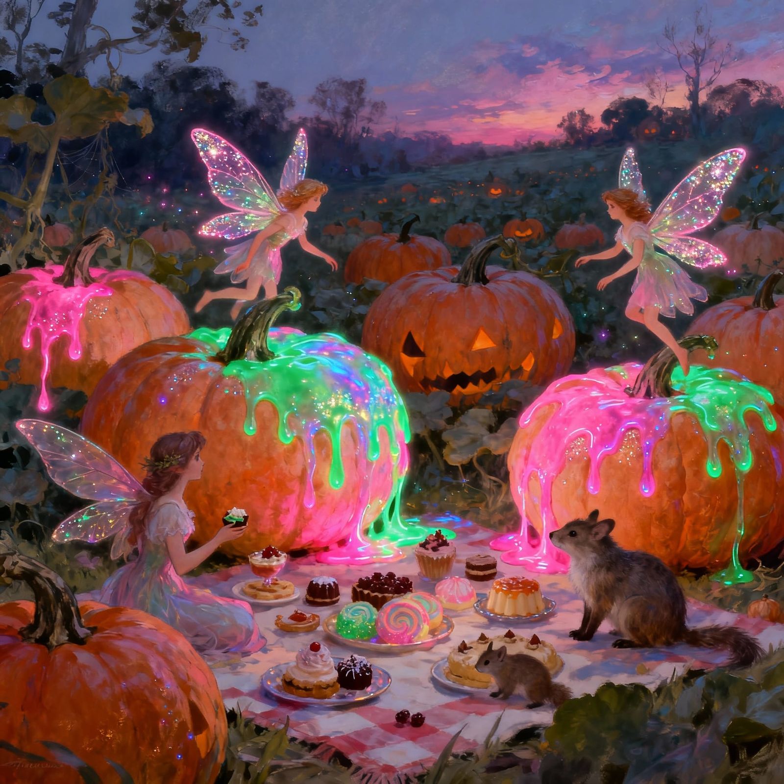Whimsical Twilight Pumpkin Patch with Fairies and Beasts