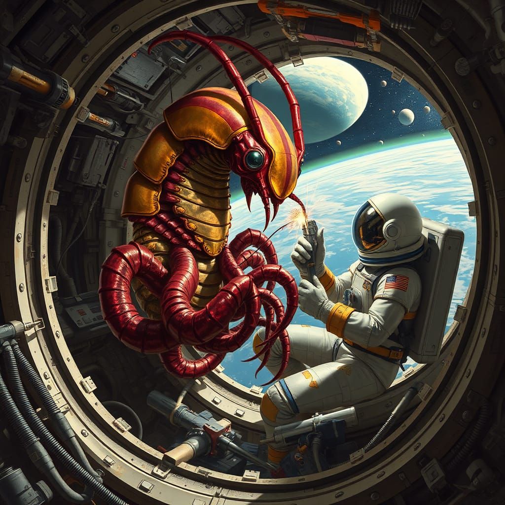 Alien Space Station Repair in Industrial Futurism Style