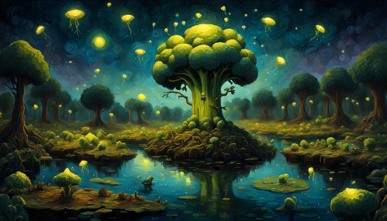 Sentient Broccoli Conducts Firefly Orchestra in Moonlit Swam...