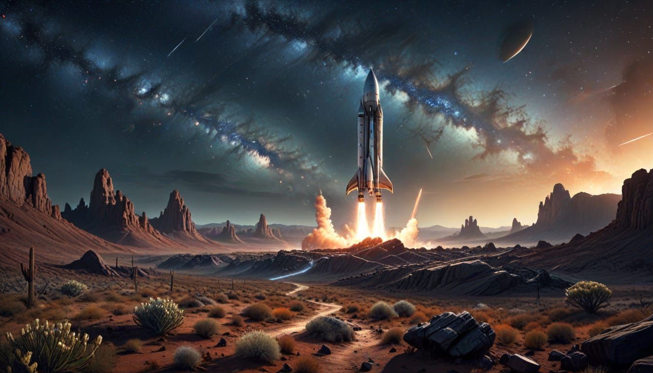 Colossal Rocket Launch into Starry Sky, Hyperrealistic