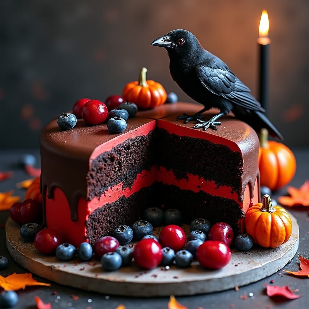 Halloween Mousse Cake with Crow in Pop Art Style