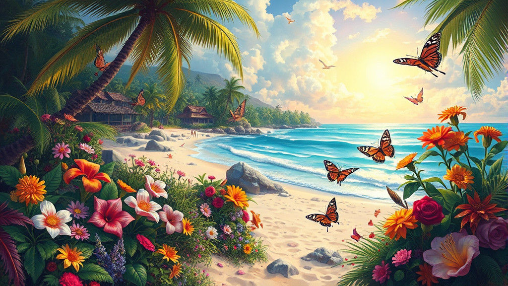 Tropical Beach with Butterflies in Luminous Style