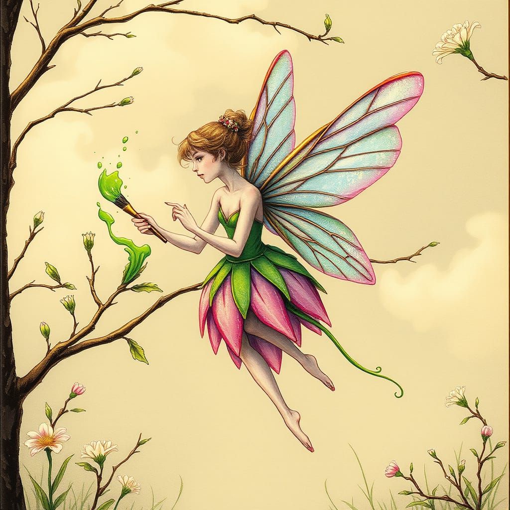 Whimsical Fairy Paints Spring Blooms in Victorian Style