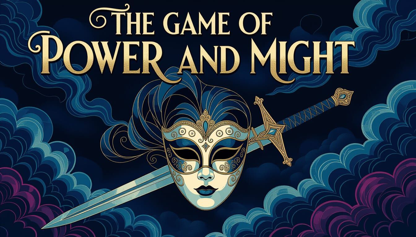 Venetian Mask and Sword with Psychedelic Art Deco Text