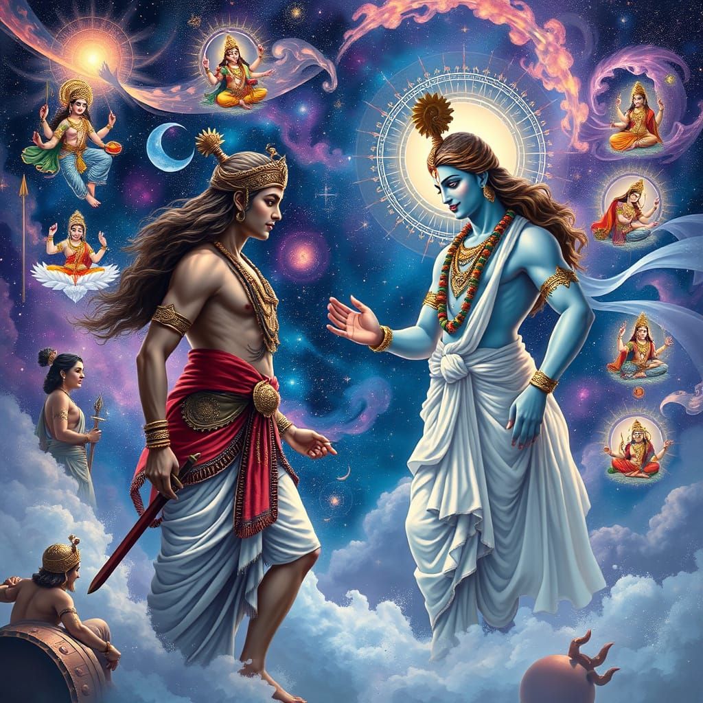 Lord Krishna imparting divine wisdom to Arjuna