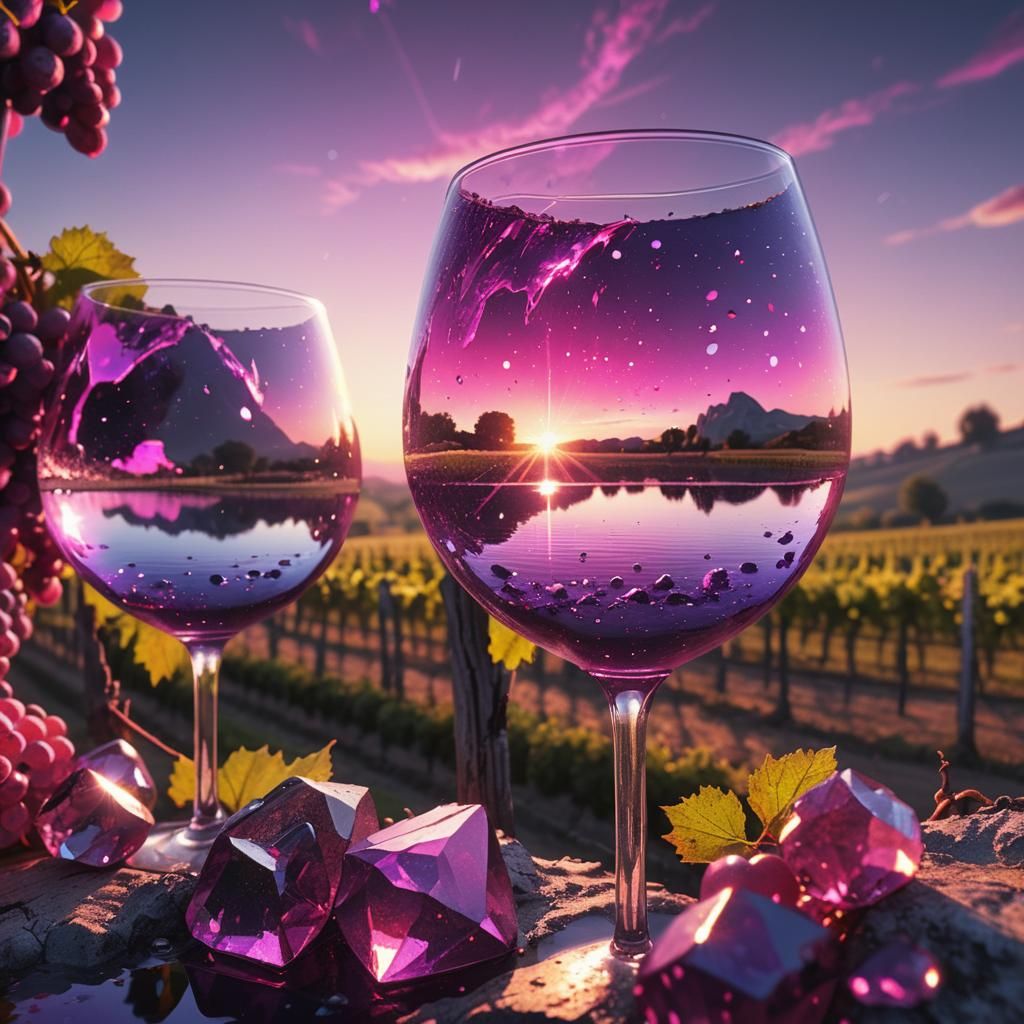 Cosmic Sunset Over French Vineyard in Hyperrealism