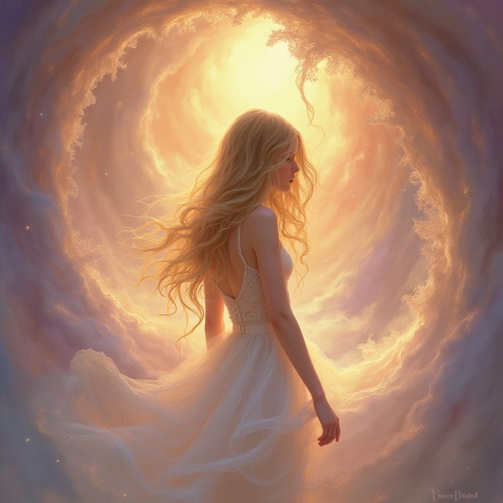 Whimsical Girl in Dreamlike Vortex of Iridescent Mist