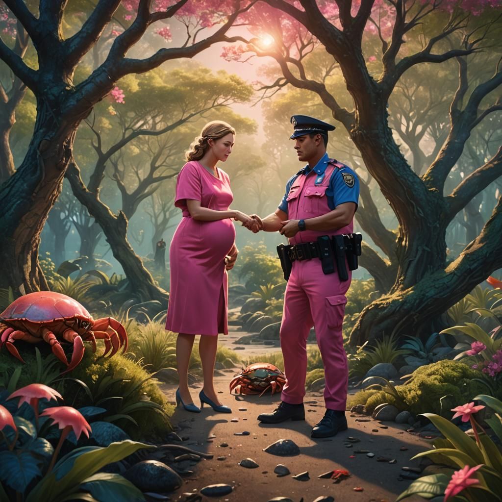 Woman Rescues Policeman from Crab: Detailed Matte Painting