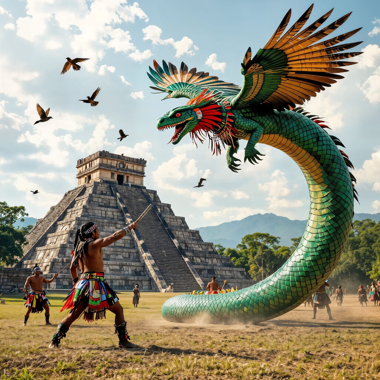 Quezacotl Battles Warriors at Aztec Pyramid