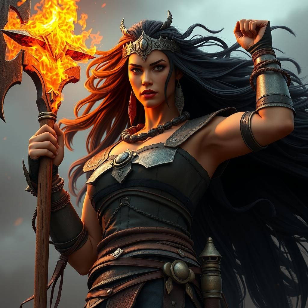 Barbarian Queen with Flaming Axe in Fantasy Art Style