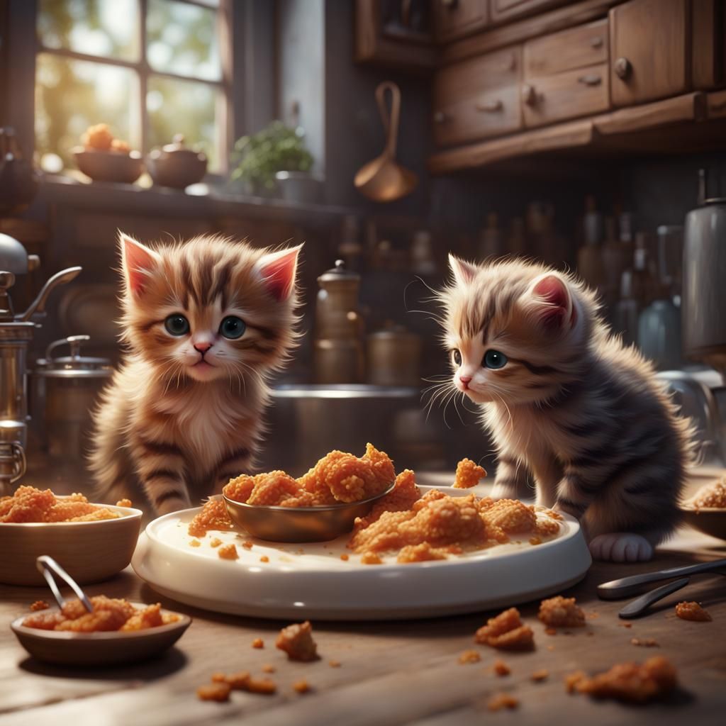 Kittens Stealing Food: Detailed Matte Painting