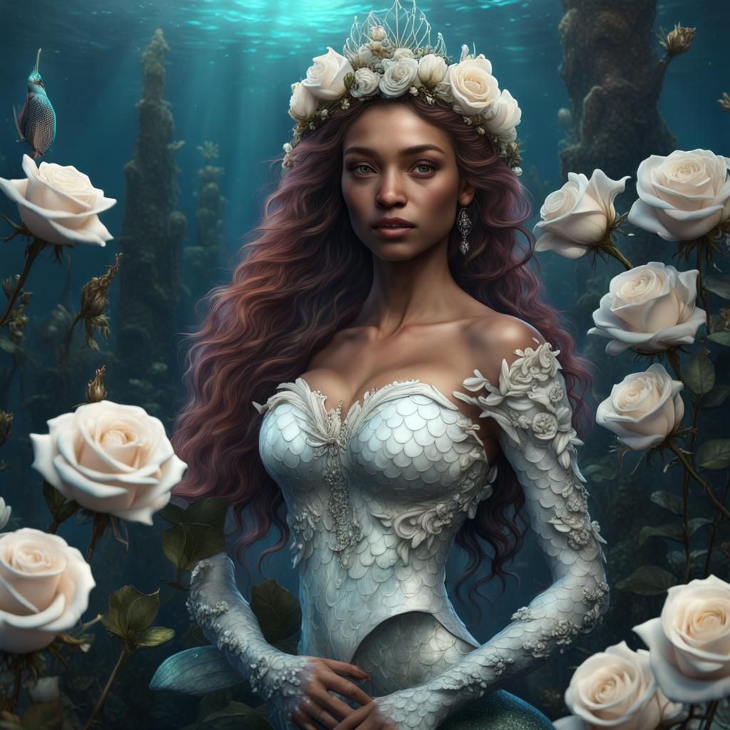 Hyperrealistic Mermaid with White Roses Tiara