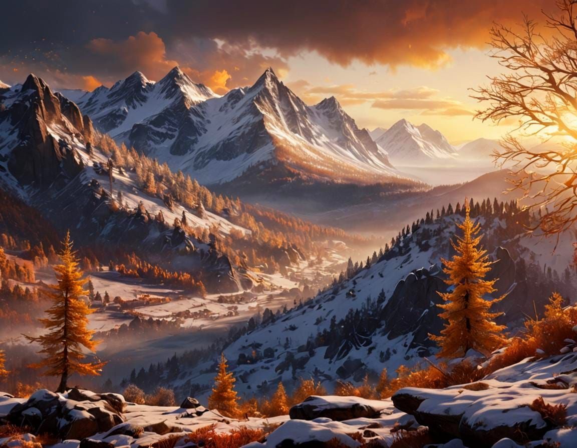 Epic Snow Mountain Sunset in Dark Fantasy Style
