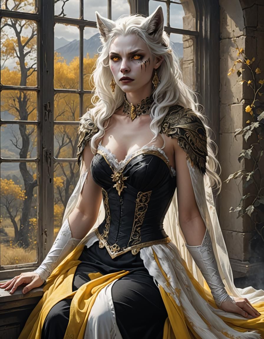 Lycan in Black Dress Gazing at Countryside