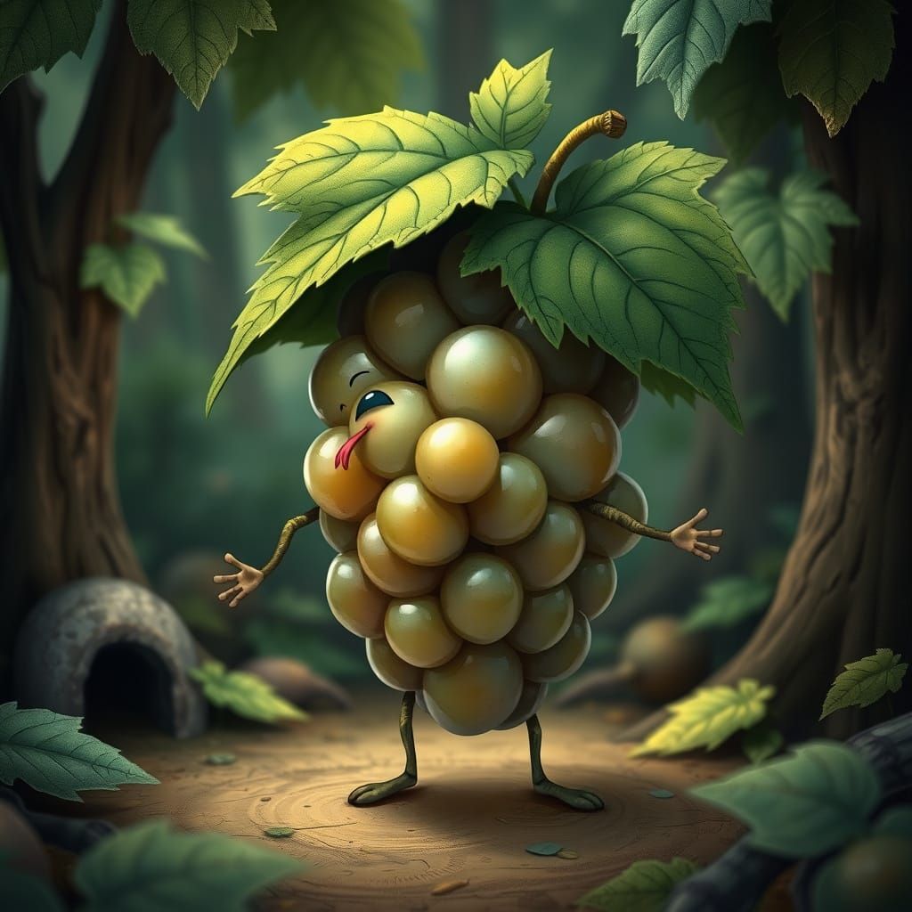 Anthropomorphic Grape Character in Whimsical Forest Setting