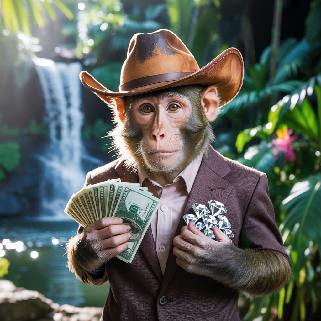 Monkey in Cowboy Hat with Cash and Diamonds