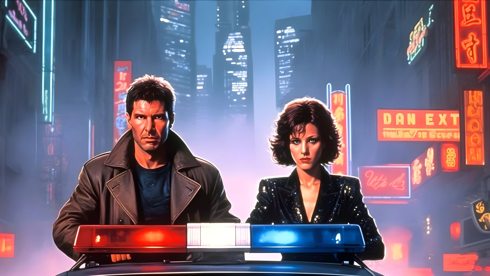 Blade Runner Scene: Deckard and Rachel in Dystopian City