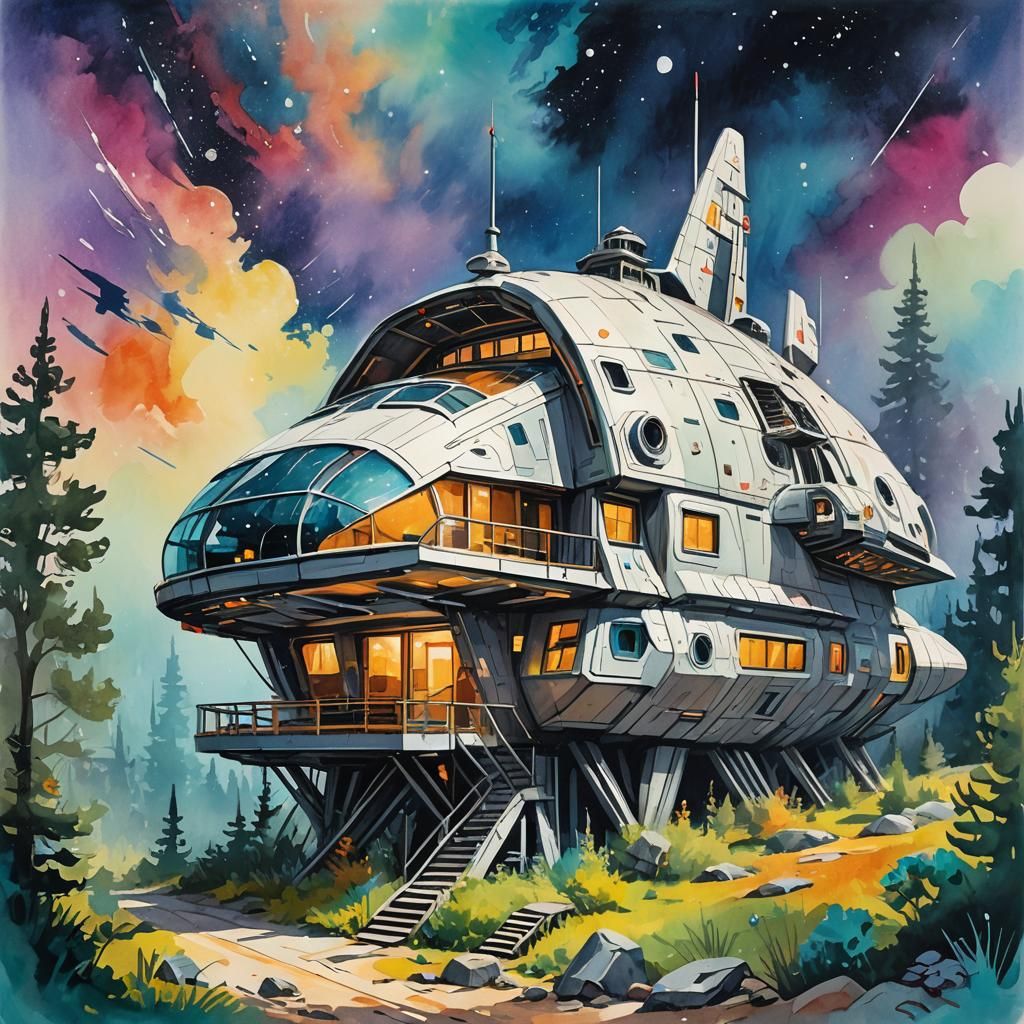 Retrofuturistic Spaceship Cabin in Gouache Style