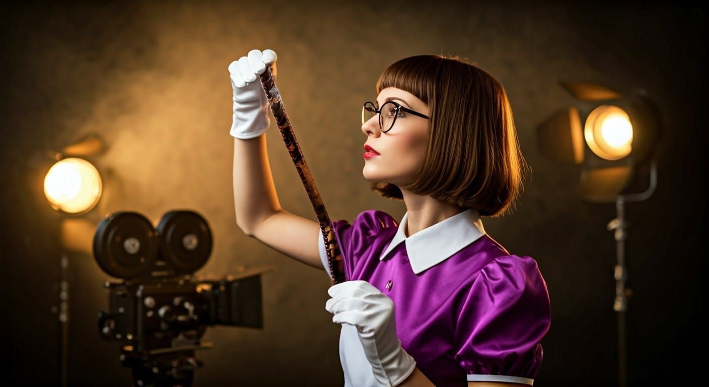 Woman Examines Film Strip in Classic Cinematic Style