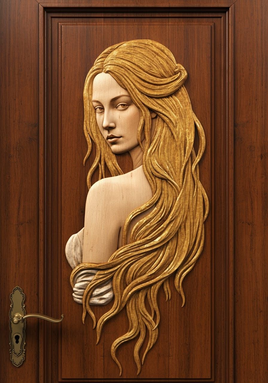 Ornate Wooden Door with Baroque-Inspired Carving