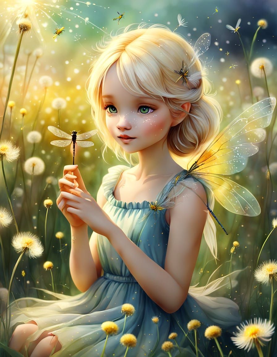Fairy in Dandelion Field with Dragonfly