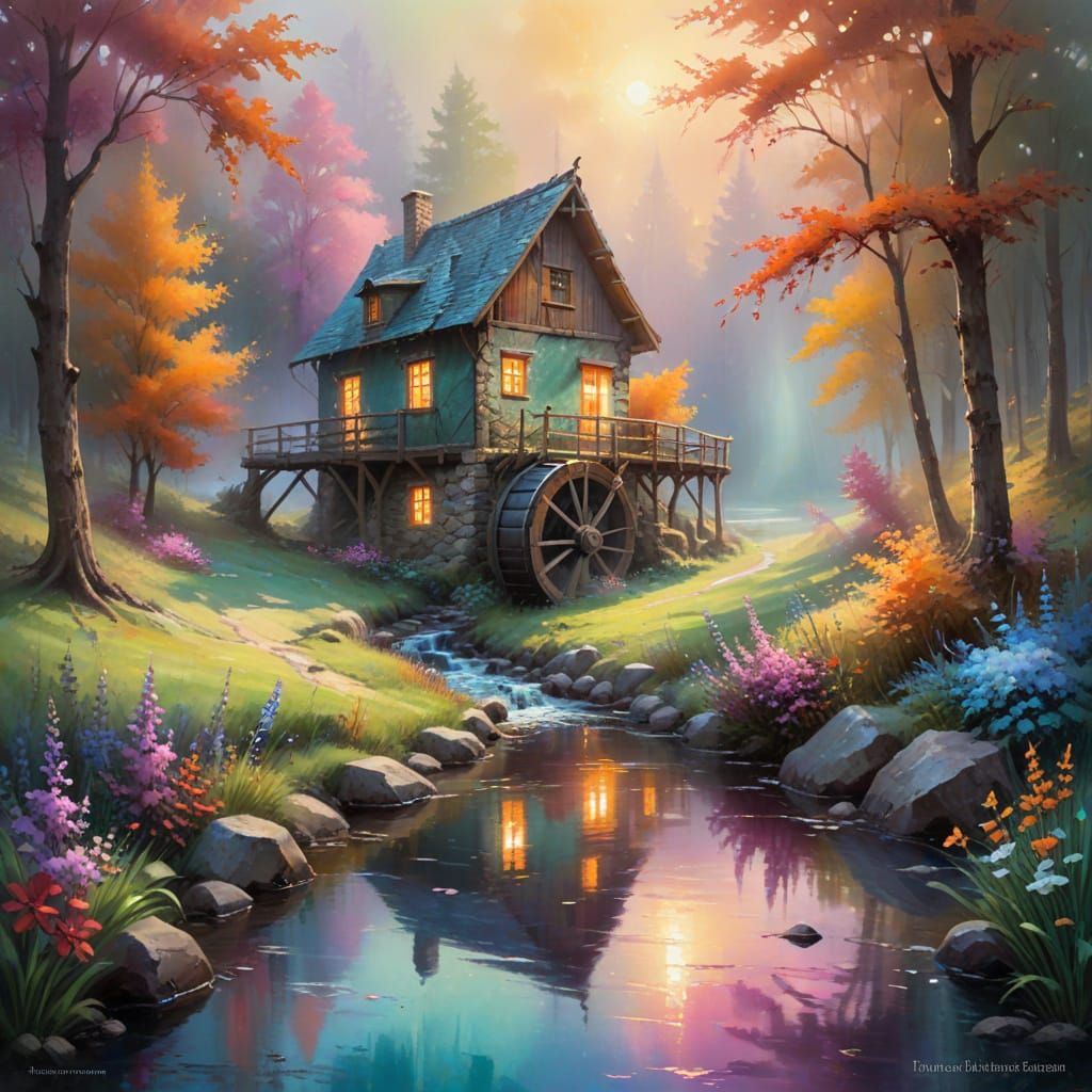 Whimsical Watermill Cottage Scene in Vibrant Colors