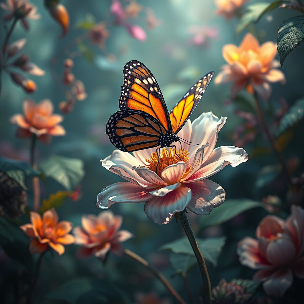 Monarch Butterfly on Crystalline Flower in Matte Painting