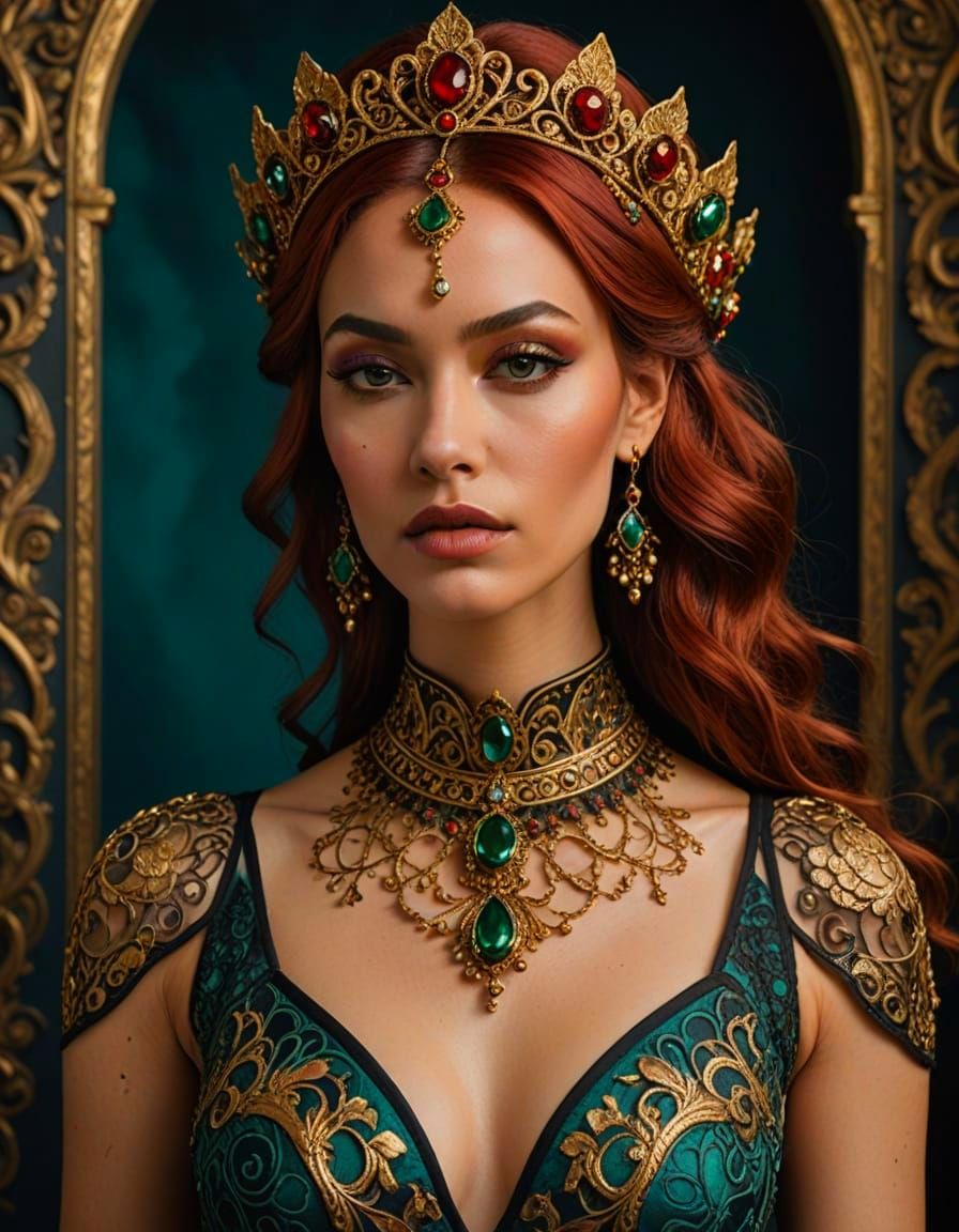 Ornate Woman with Red Hair and Golden Adornments