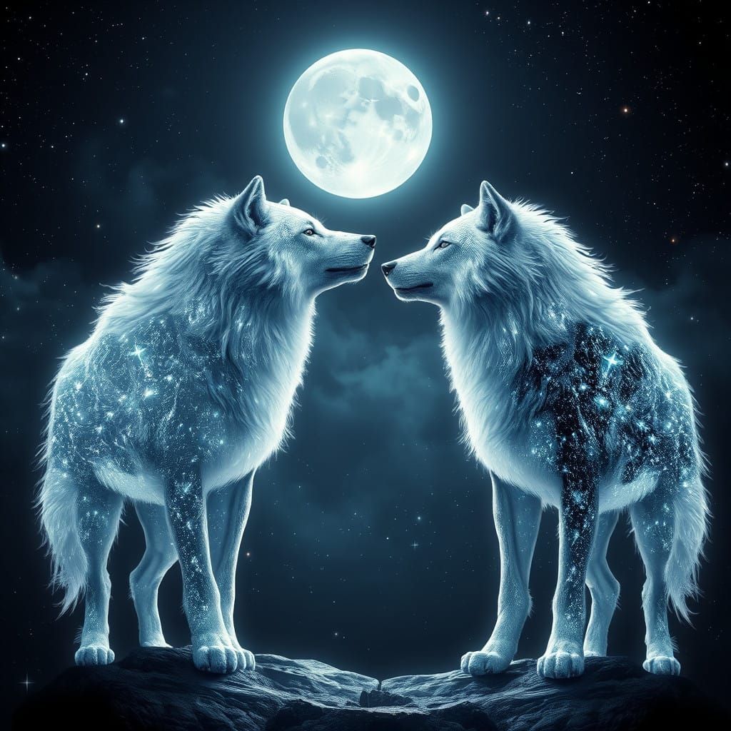 Celestial Dire Wolves Confrontation in Starlight