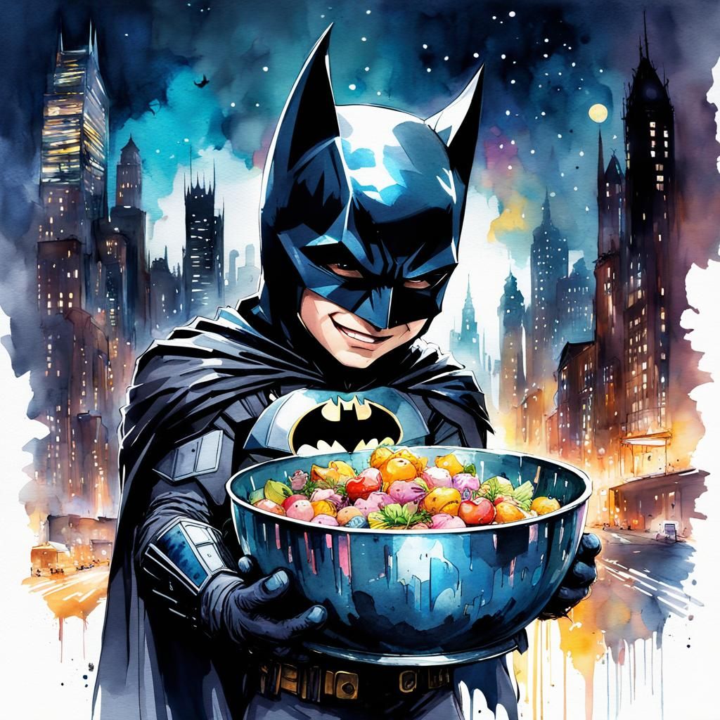 Batman and Kitten: Digital Watercolor City Night