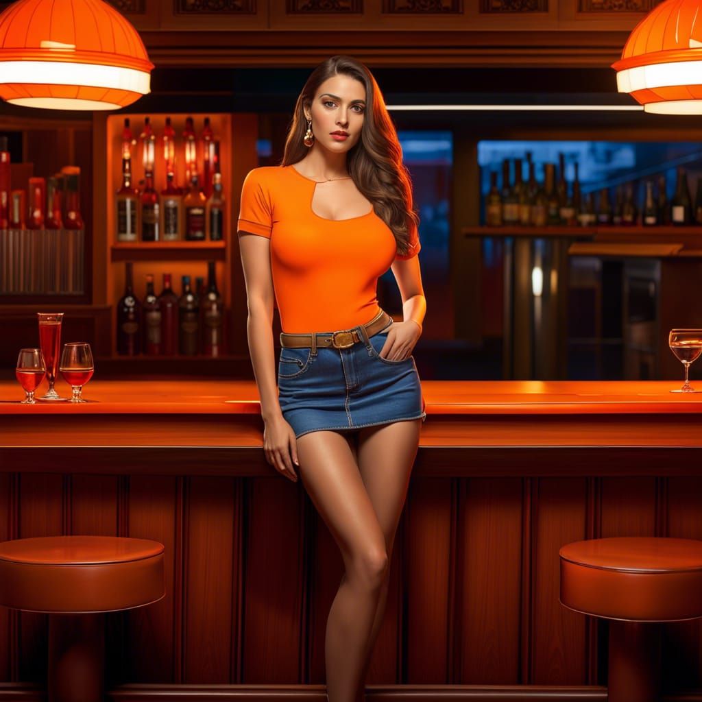 Hyperrealistic Photo of Woman in Bar at Night
