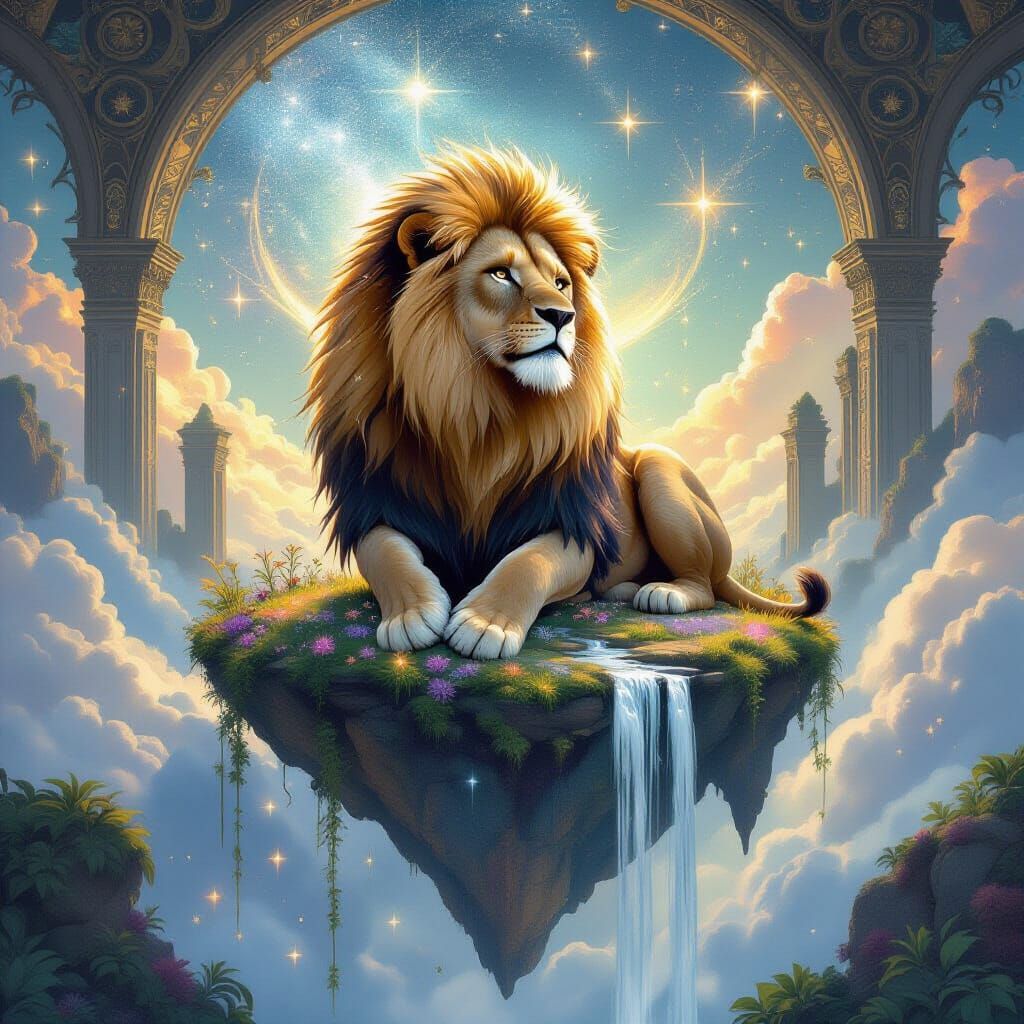 Stardust Lion on Floating Island in Art Nouveau Style