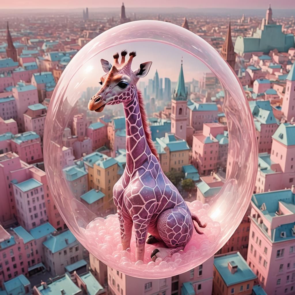 Pink Giraffe in Bubble Floating Over Pink City