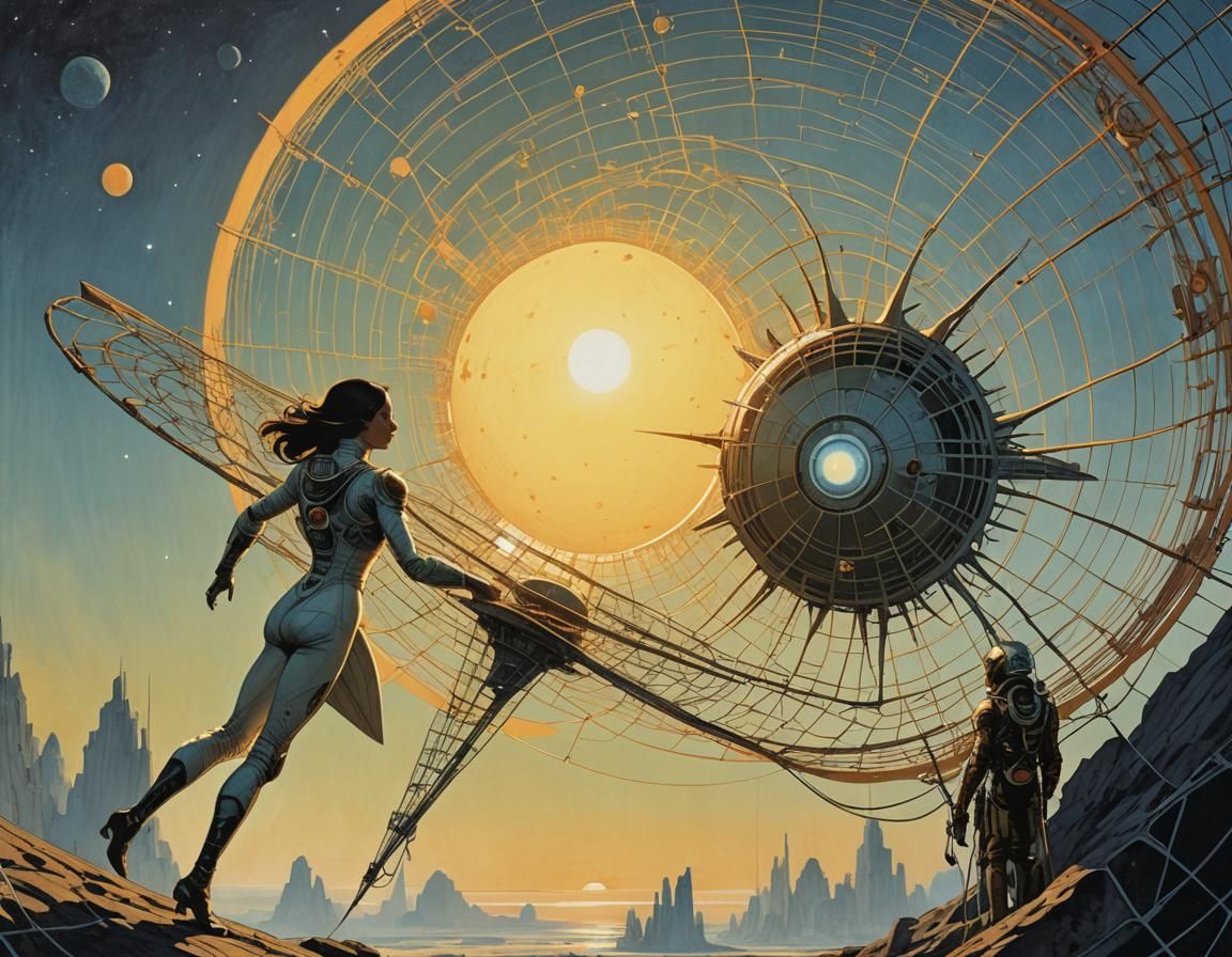 Starship Carries Sun with Spacegirl: Retrofuturist Sci-Fi