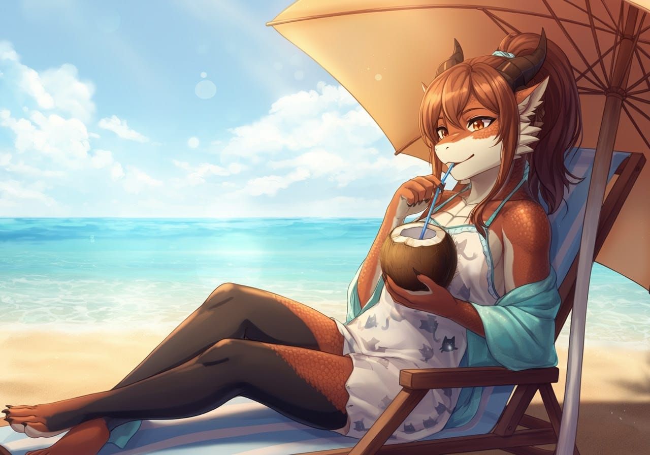 Surreal Beach Scene with Anthropomorphic Dragon in Dreamy Pa...